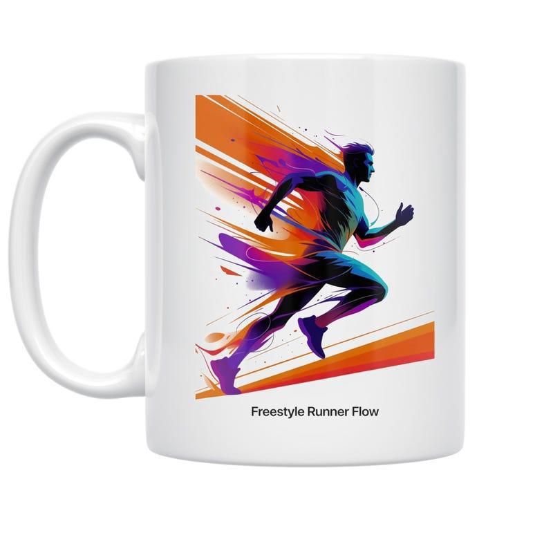 Tailorly White Ceramic 11 oz Mug - Freestyle Runner Flow Dynamic Silhouette With Vibrant Colorful Motion Streaks Moving Quickly Across Path Runner