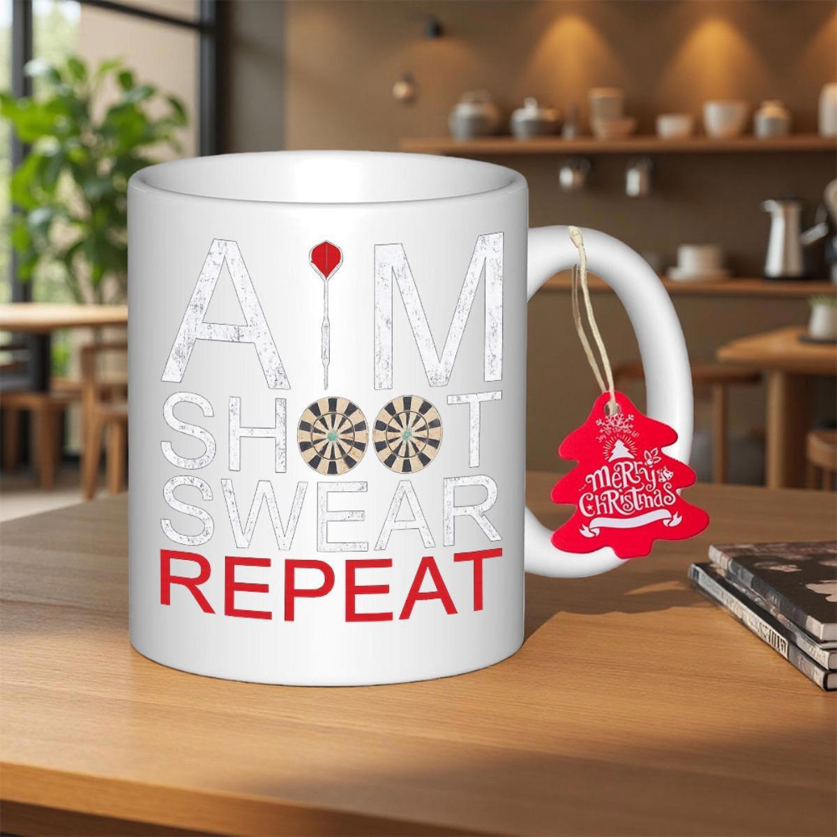 Tailorly White Ceramic 11 oz Mug - Aim Shoot Swear Repeat Merry Christmas Minimalist Featuring Circular Dartboard Icons And Bold Red Accents Mug
