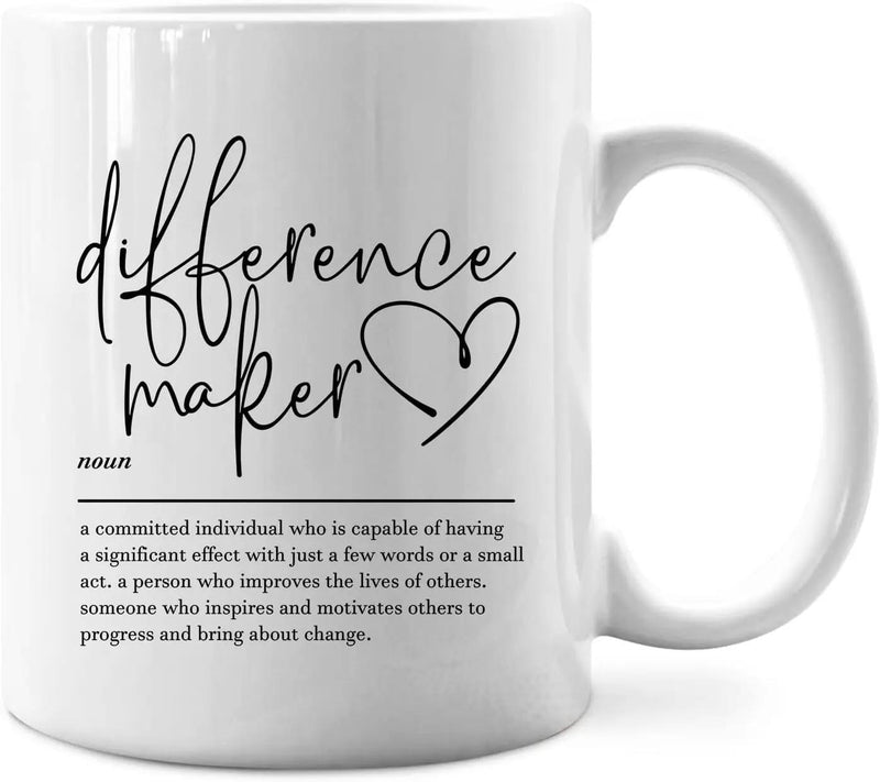 Tailorly White Ceramic 11 oz Mug - Difference Maker Elegant Script Lettering Accompanied By A Simple Hand Drawn Minimalist Heart