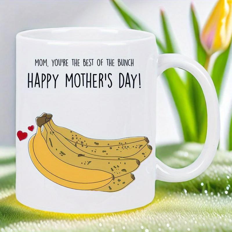 Tailorly White Ceramic 11 oz Mug - Mom Youre The Best Of The Bunch Happy Mothers Day Yellow Ripe Bunch Of Fruit With Tiny Red Hearts Banana