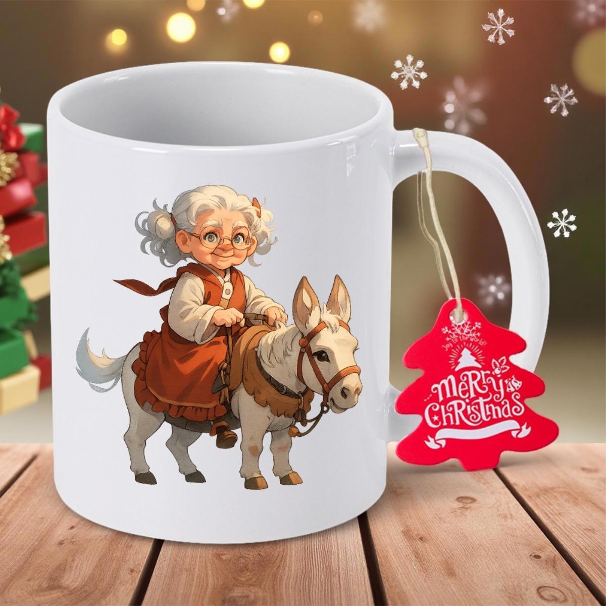 Tailorly White Ceramic 11 oz Mug - Merry Christmas Smiling Elderly Woman Riding A Small Grey Cute Donkey