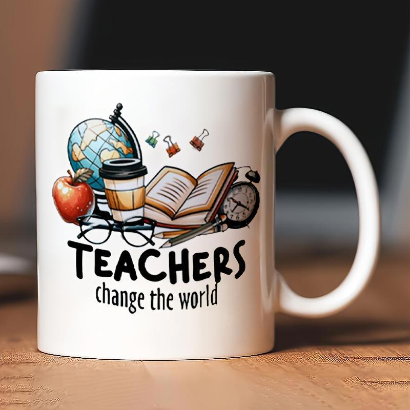 Tailorly White Ceramic 11 oz Mug - Teachers Change The World Educational Essentials Featuring Vintage Globe Book And Apple Design