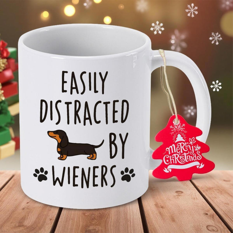 Tailorly White Ceramic 11 oz Mug - Easily Distracted By Wieners Adorable Small Dog Among Decorative Paw Prints On Dachshund