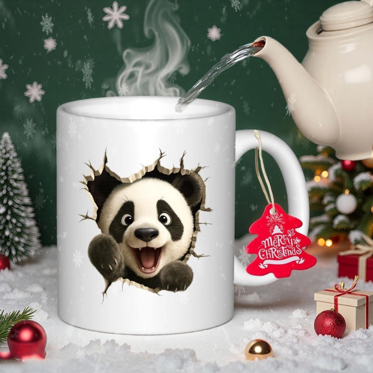 Tailorly White Ceramic 11 oz Mug - Merry Christmas Adorable Cartoon Panda Character Peeking Through A Realistic Cracked Surface Hole Panda
