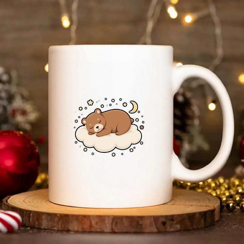 Tailorly White Ceramic 11 oz Mug - Cute Little Brown Animal Sleeping Peacefully On A Fluffy Cloud Bear