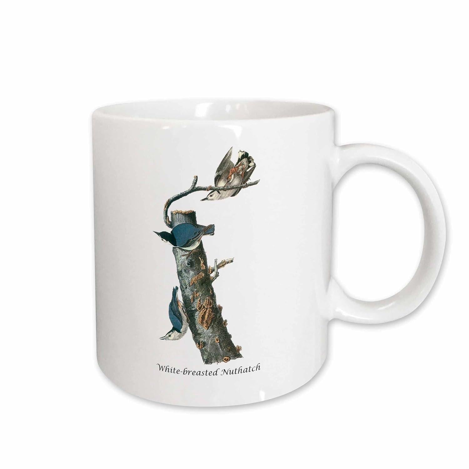 Tailorly White Ceramic 11 oz Mug - White Breasted Nuthatch Realistic Small Songbirds Resting On A Weathered Tree Branch Bark Bird