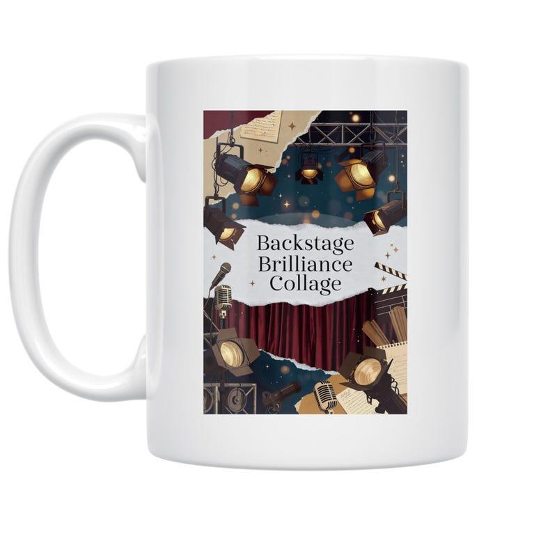 Tailorly White Ceramic 11 oz Mug - Backstage Brilliance Collage Theater Spotlights Shining On Red Curtains Among Artistic Torn Paper Theater