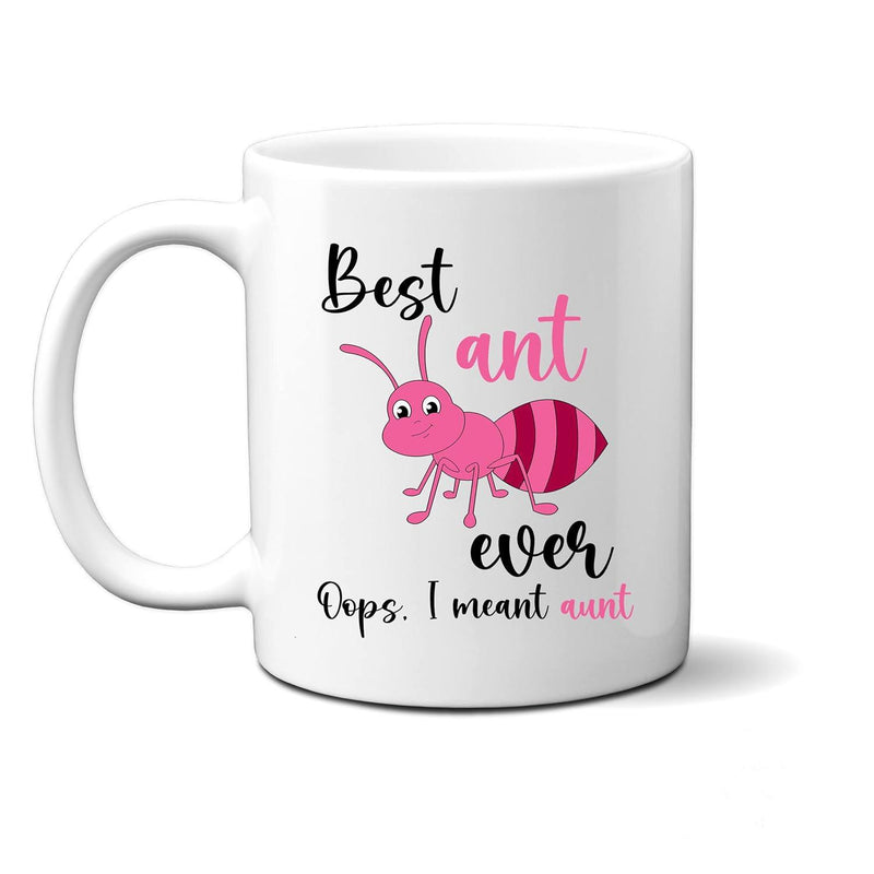 Tailorly White Ceramic 11 oz Mug - Best Ant Ever Oops I Meant Aunt Cute Pink Cartoon Character With Big Eyes And Friendly Smile Ant