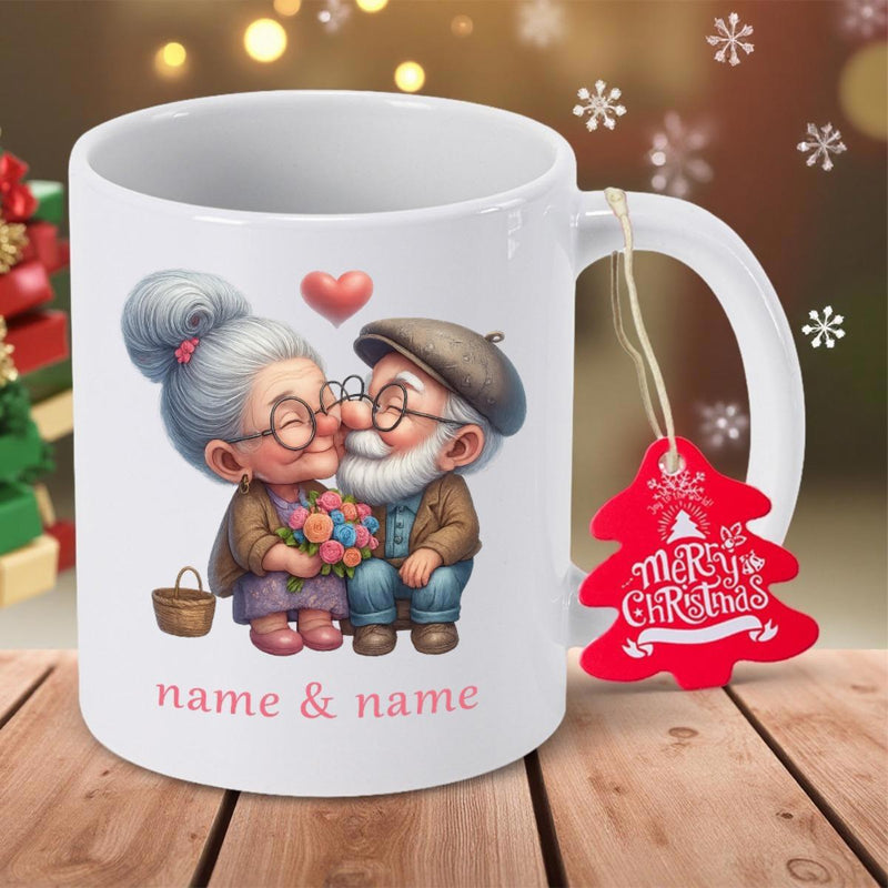 Tailorly White Ceramic 11 oz Mug - Merry Christmas Name Name Sweet Cartoon Elderly Pair Sharing Love Holding Colorful Flowers Couple