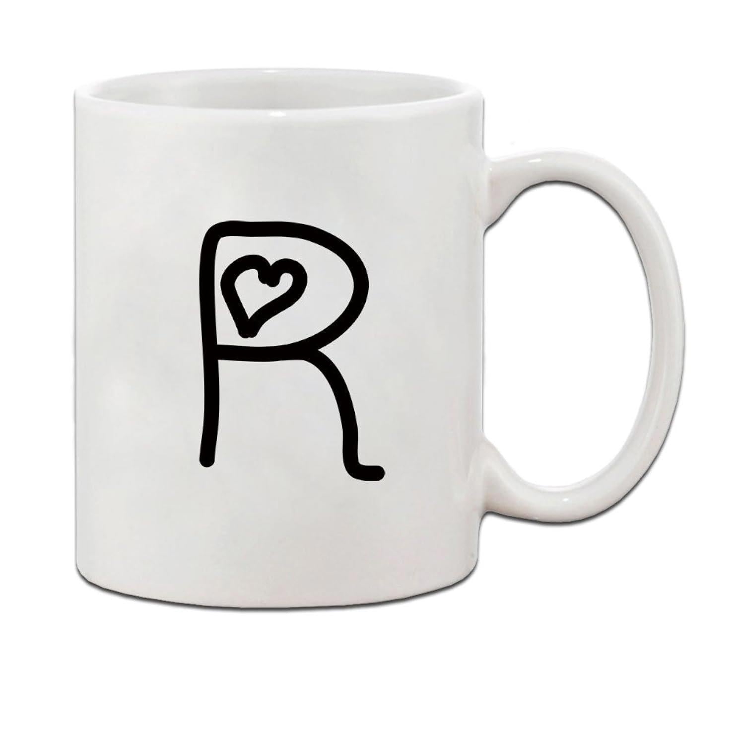 Tailorly White Ceramic 11 oz Mug - R Simple Minimalist Hand Drawn Black Line Letter With Small Heart Detail Mug