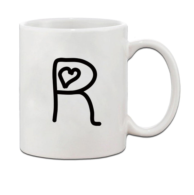 Tailorly White Ceramic 11 oz Mug - R Simple Minimalist Hand Drawn Black Line Letter With Small Heart Detail Mug