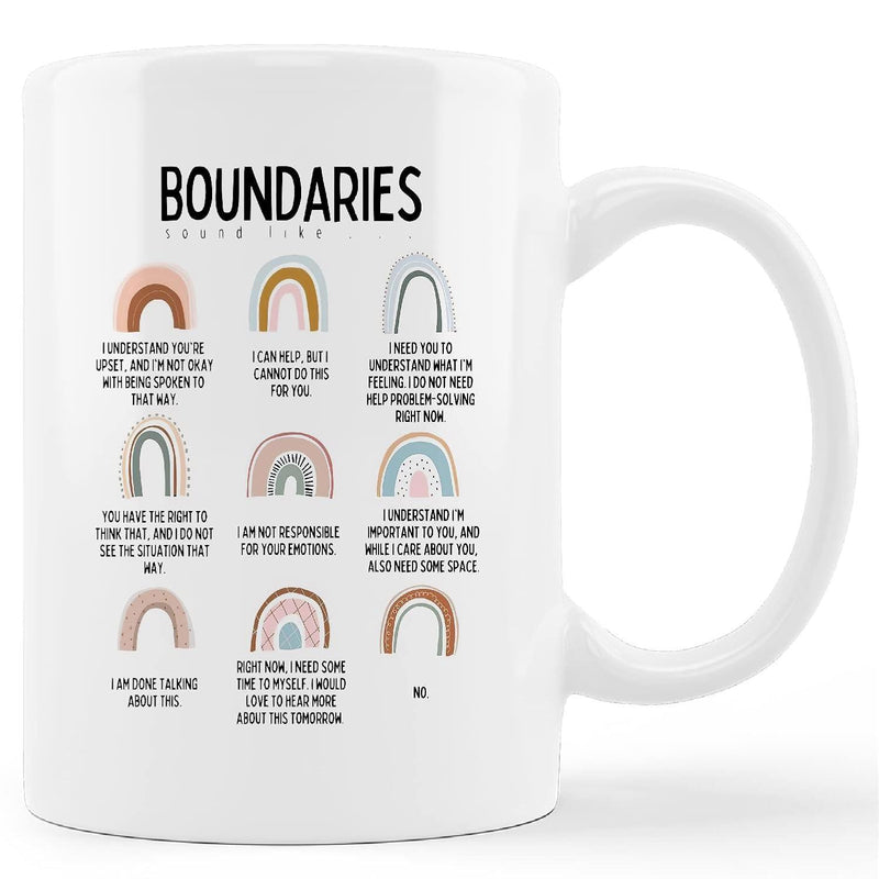 Tailorly White Ceramic 11 oz Mug - Boundaries Sound Like Nine Minimalist Earthy Toned Rainbows Arranged In A Neat Grid Mug