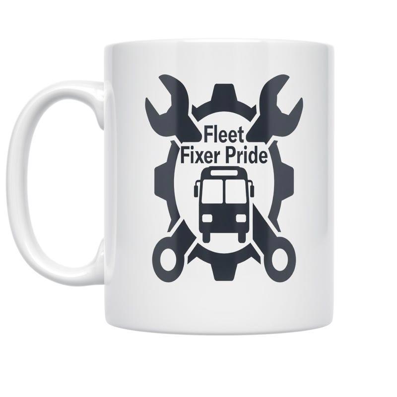 Tailorly White Ceramic 11 oz Mug - Fleet Fixer Pride Mechanical Tools And Large Industrial Gear Behind A Modern Transit Bus