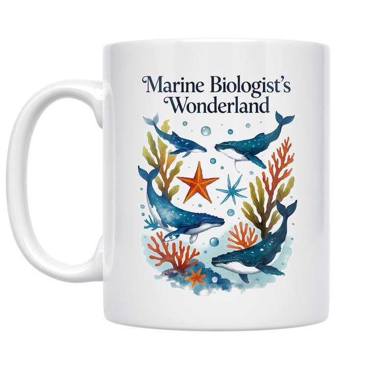 Tailorly White Ceramic 11 oz Mug - Marine Biologists Wonderland Graceful Blue Watercolor Creatures Swimming Among Vibrant Coral And Starfish Whale