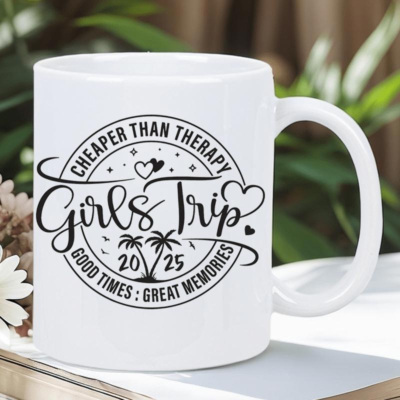 Tailorly White Ceramic 11 oz Mug - Girls Trip Cheaper Than Therapy Circular Badge With Hearts And Dancing Palm Trees Palm Tree