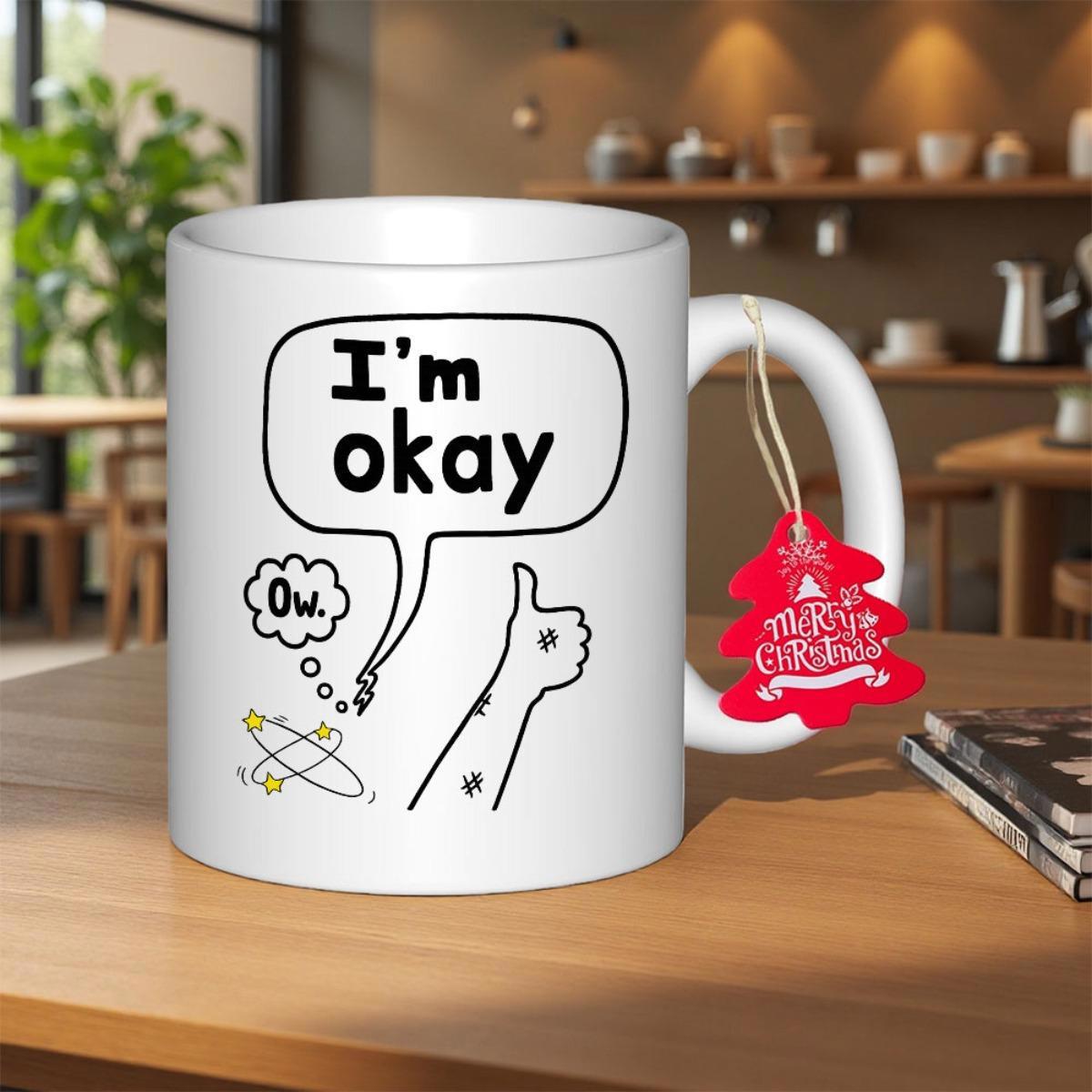 Tailorly White Ceramic 11 oz Mug - Im Okay Ow Minimalist Black Line Art Featuring Thumbs Up Gesture And Yellow Bandaids Mug