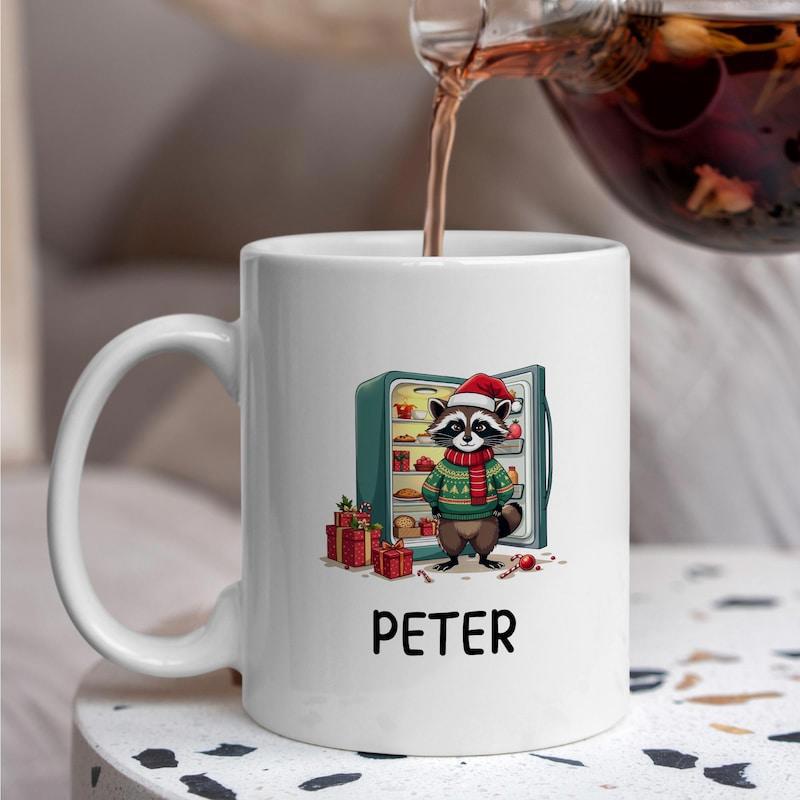 Tailorly White Ceramic 11 oz Mug - Peter Festive Christmas Raccoon Wearing Red Scarf Beside Open Full Refrigerator Raccoon