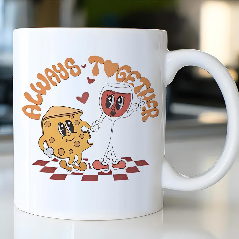Tailorly White Ceramic 11 oz Mug - Always Together Retro Cartoon Style Wine Glass And Cheese Holding Hands Standing On Checkered Floor Illustration