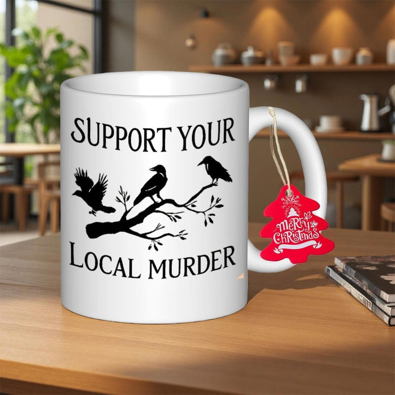 Tailorly White Ceramic 11 oz Mug - Support Your Local Murder Three Silhouetted Crows Perched On A Rustic Bare Tree Branch Crow
