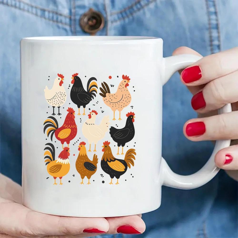 Tailorly White Ceramic 11 oz Mug - Colorful Collection Of Various Farm Roosters Arranged In A Grid Pattern Chicken