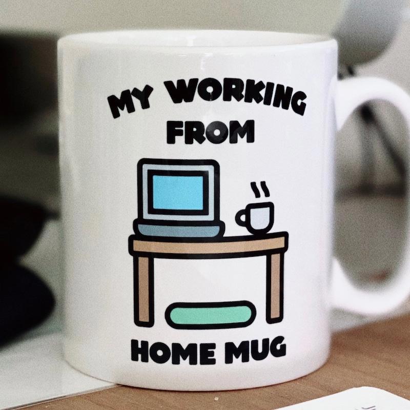 Tailorly White Ceramic 11 oz Mug - My Working From Home Mug Simple Cartoon Office Desk With Blue Laptop And Steaming Coffee Mug