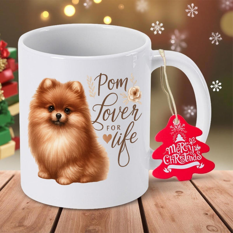 Tailorly White Ceramic 11 oz Mug - Pom Lover For Life Adorable Fluffy Brown Sitting Dog With Elegant Floral Decorative Elements Pomeranian