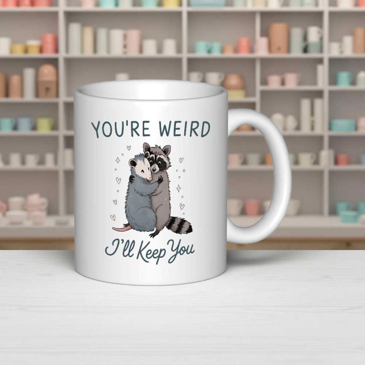 Tailorly White Ceramic 11 oz Mug - Youre Weird Ill Keep You Adorable Cartoon Opossum And Raccoon Hugging Together With Sparkles Raccoon