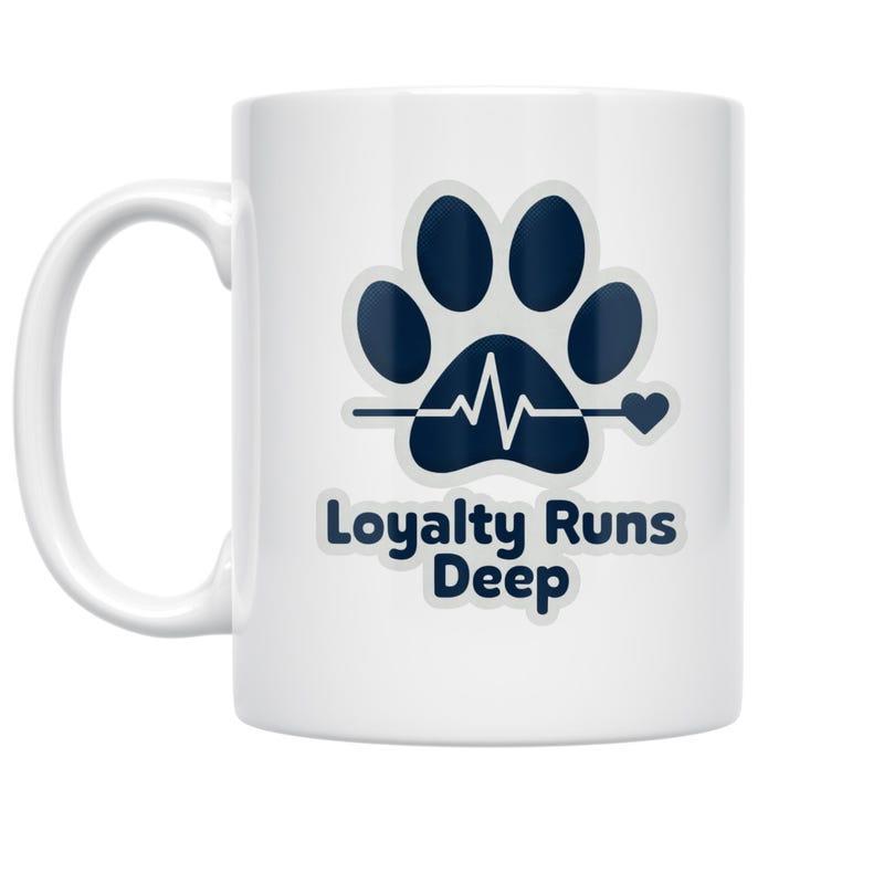 Tailorly White Ceramic 11 oz Mug - Loyalty Runs Deep Navy Blue Animal Paw Print With Rhythmic Heartbeat Line Heart Paw
