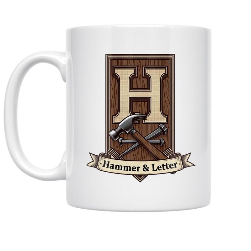 Tailorly White Ceramic 11 oz Mug - Hammer Letter Vintage Wood Texture Shield With Metallic Nails And Construction Tool Hammer