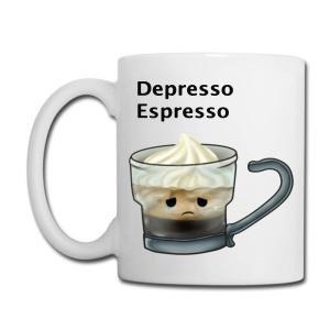 Tailorly White Ceramic 11 oz Mug - Depresso Espresso Sad Cartoon Character With Whipped Cream Foam And Frowning Face Cup