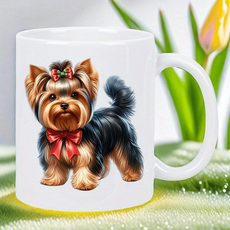Tailorly White Ceramic 11 oz Mug - Adorable Small Puppy With Red Bows Standing On Grassy Ground Yorkshire Terrier