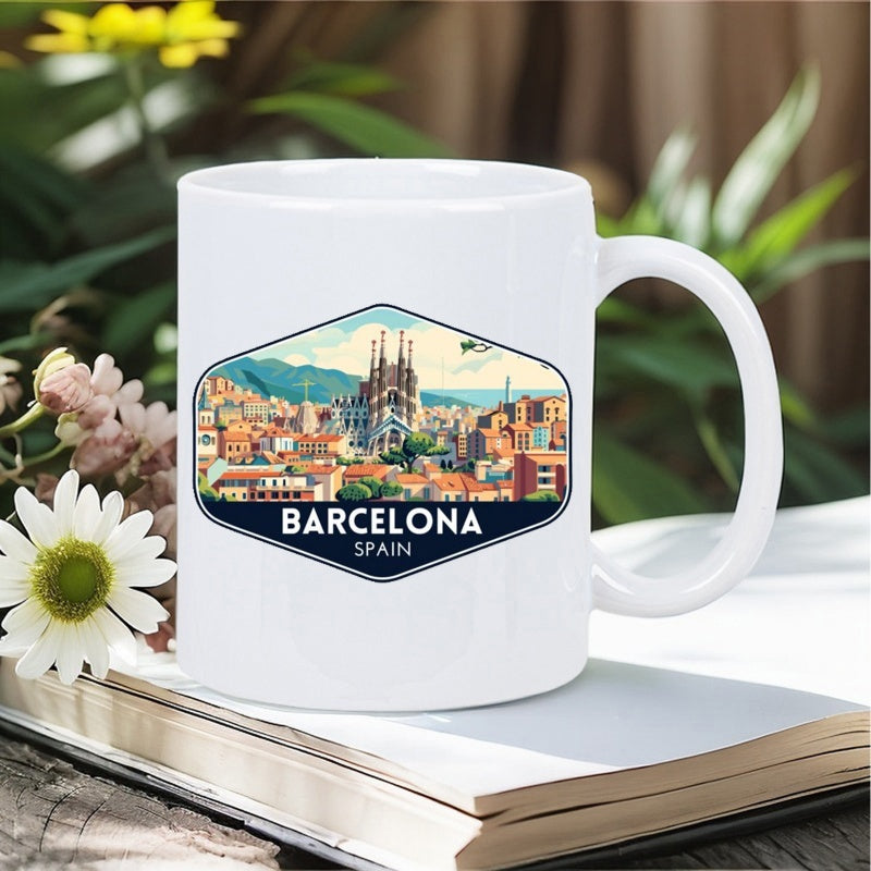 Tailorly White Ceramic 11 oz Mug - Barcelona Spain Vintage Illustration Of Sagrada Familia Cathedral Among Beautiful City Buildings Skyline
