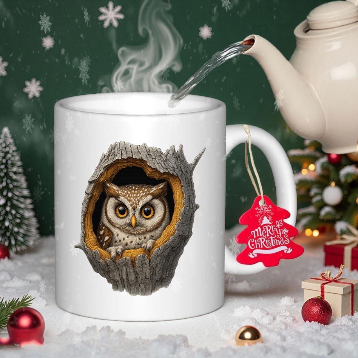 Tailorly White Ceramic 11 oz Mug - Detailed Brown Owl Peeking Out From A Textured Grey Tree Trunk Hollow Owl