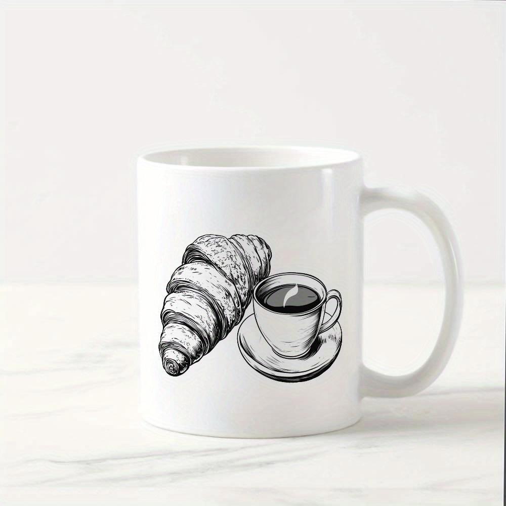 Tailorly White Ceramic 11 oz Mug - Artistic Hand Drawn Sketch Of Flaky Croissant With Morning Coffee