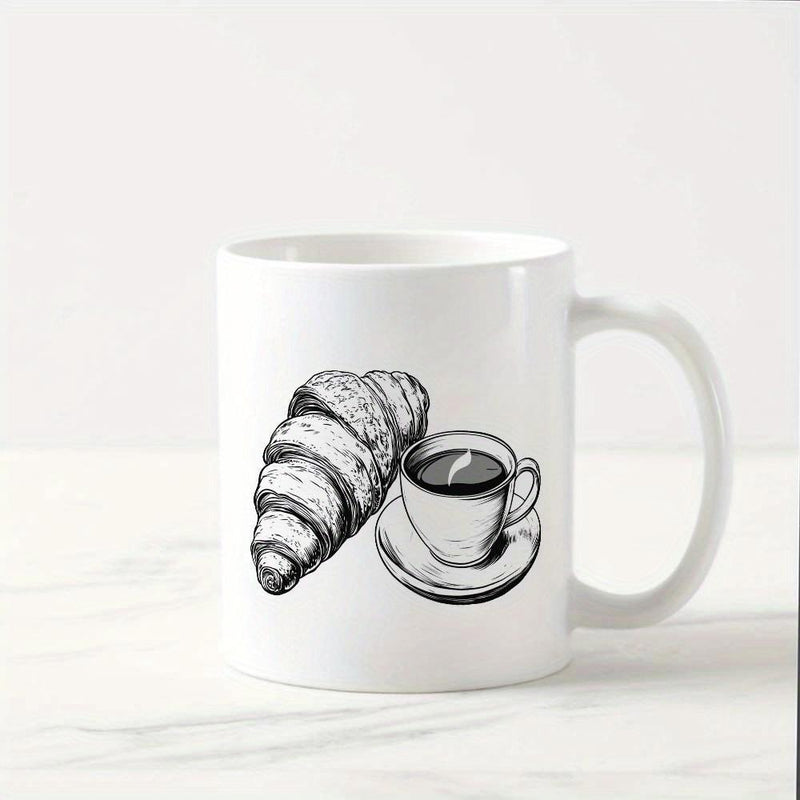 Tailorly White Ceramic 11 oz Mug - Artistic Hand Drawn Sketch Of Flaky Croissant With Morning Coffee