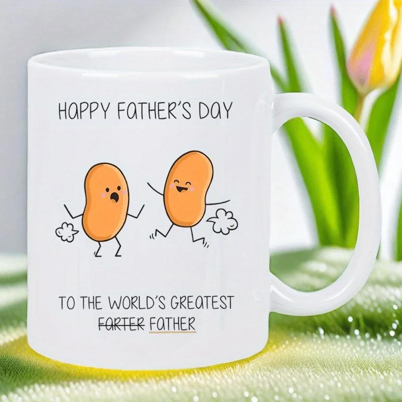 Tailorly White Ceramic 11 oz Mug - Happy Fathers Day To The Worlds Greatest Farter Father Two Happy Cartoon Characters Releasing Small Puffs Of White Smoke Bean