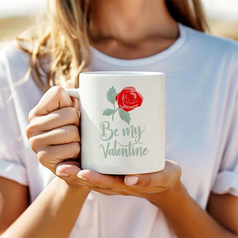Tailorly White Ceramic 11 oz Mug - Be My Valentine Blooming Vibrant Red Blossom With Delicate Green Leaves In Elegant Style Rose