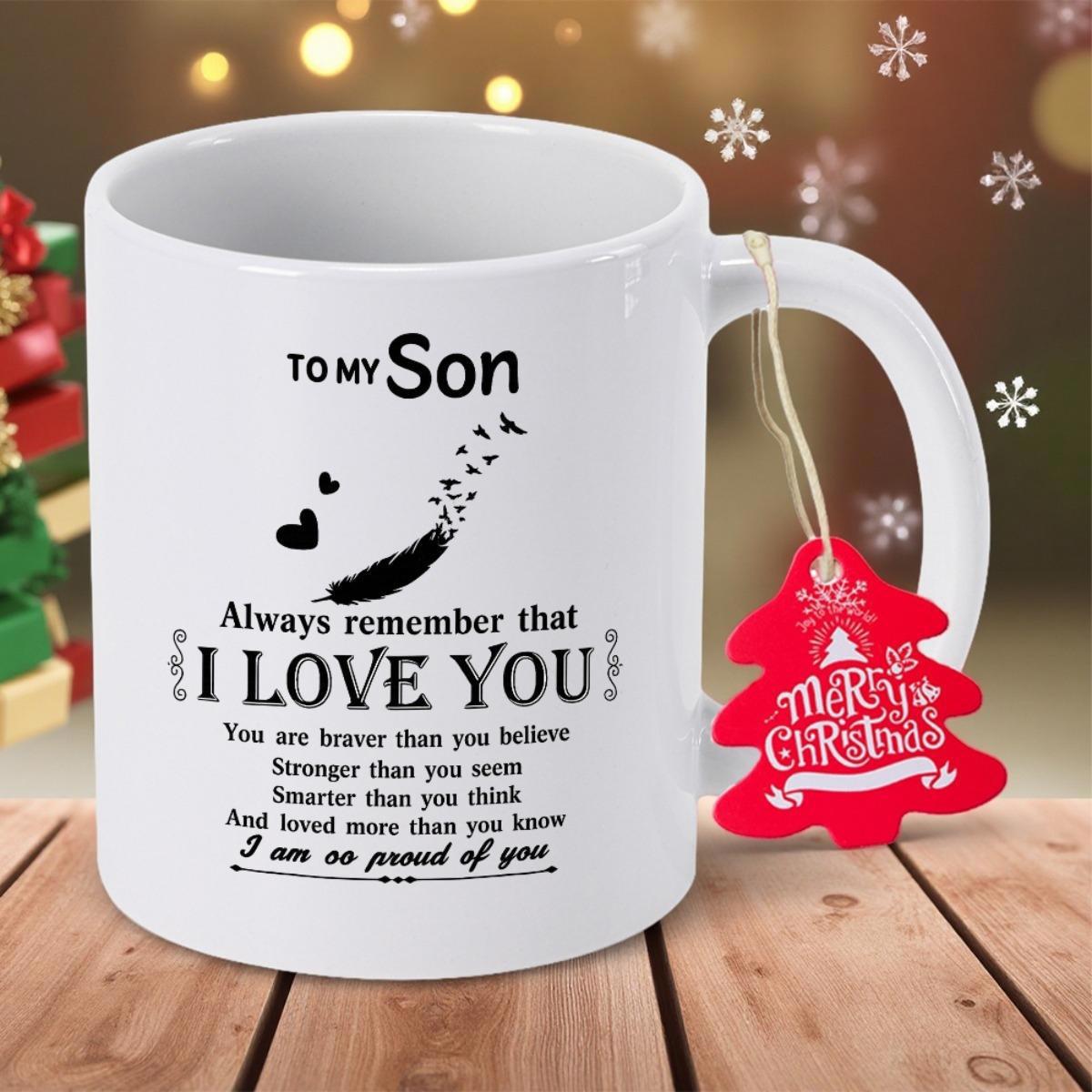 Tailorly White Ceramic 11 oz Mug - To My Son Always Remember I Love You Delicate Feather Transforming Into Flying Birds With Hearts Mug