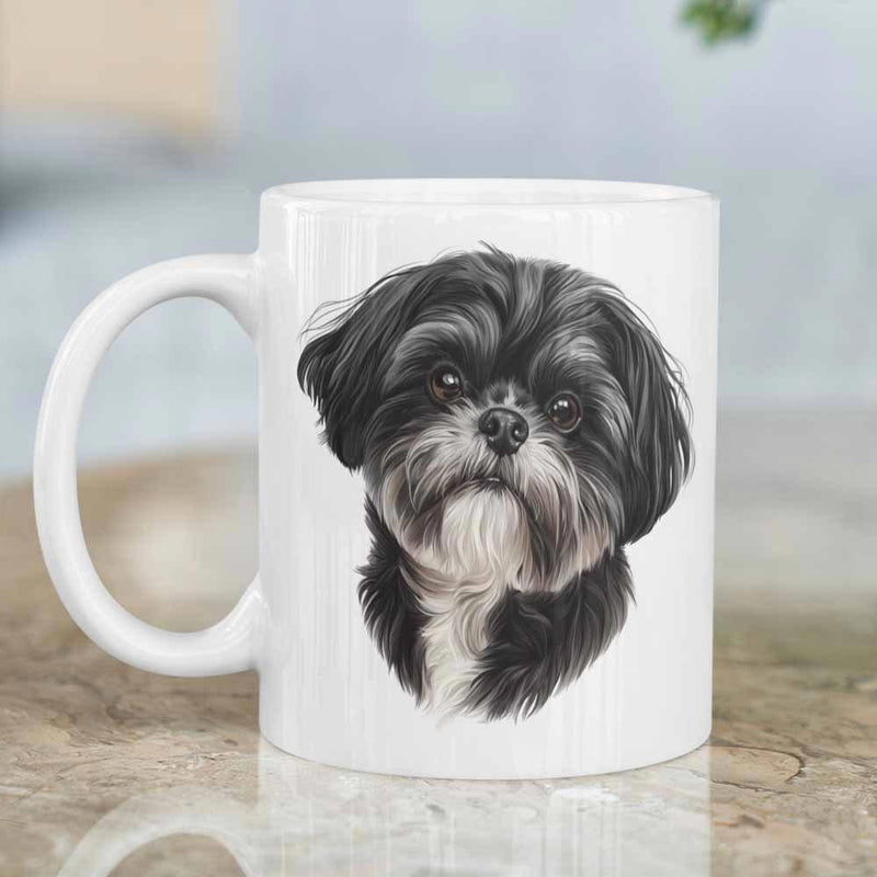 Tailorly White Ceramic 11 oz Mug - Realistic Fluffy Black And White Fur Portrait Of A Cute Pet Dog