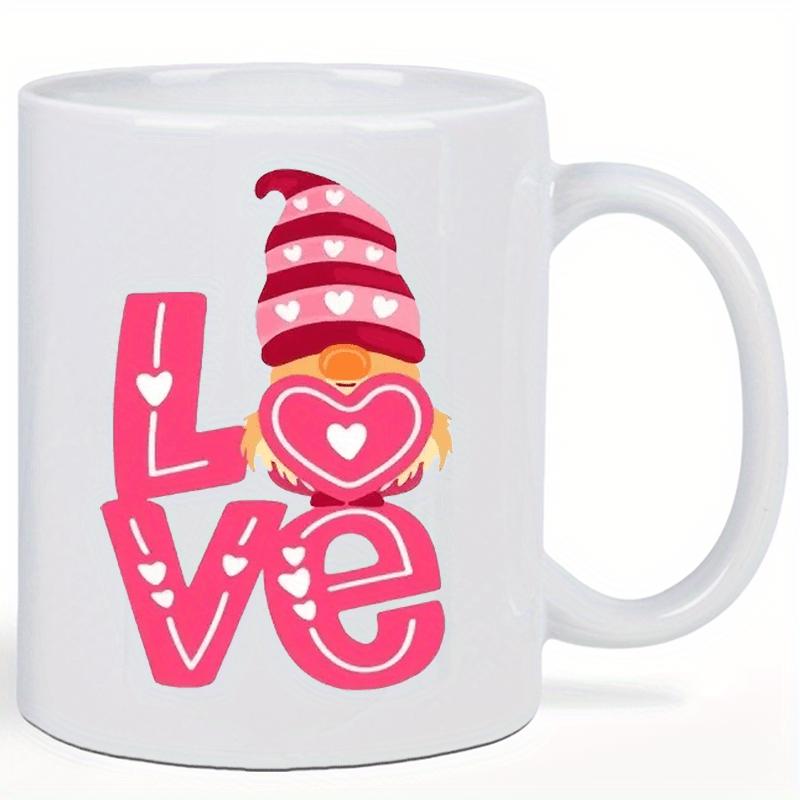 Tailorly White Ceramic 11 oz Mug - Love Adorable Pink Striped Hat Holding A Heart Among Festive Patterned Letters Gnome