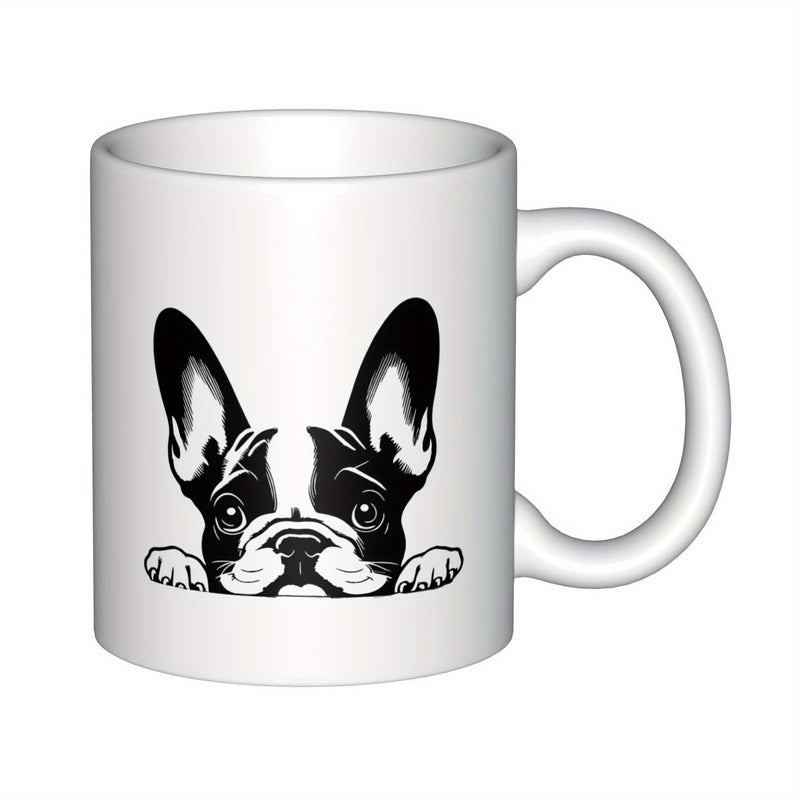 Tailorly White Ceramic 11 oz Mug - Minimalist Black And White Peeking Puppy Face Illustration French Bulldog