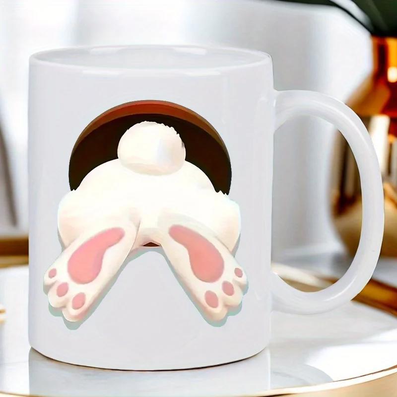 Tailorly White Ceramic 11 oz Mug - Fluffy White Rabbit Tail And Pink Paws Diving Into Brown Hole Rabbit