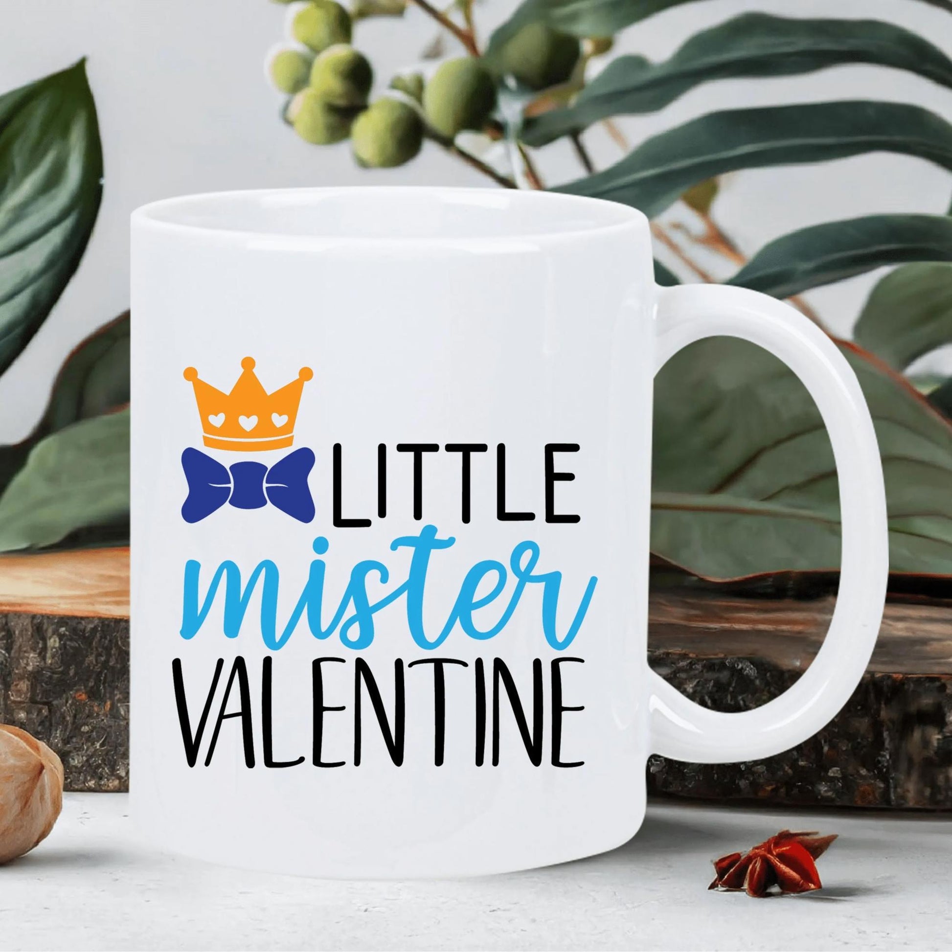 Tailorly White Ceramic 11 oz Mug - Little Mister Valentine Yellow Crown And Blue Bow Tie On Simple