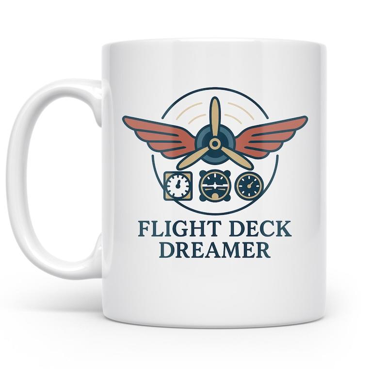 Tailorly White Ceramic 11 oz Mug - Flight Deck Dreamer Vintage Winged Logo With Propeller And Dashboard Instruments Badge