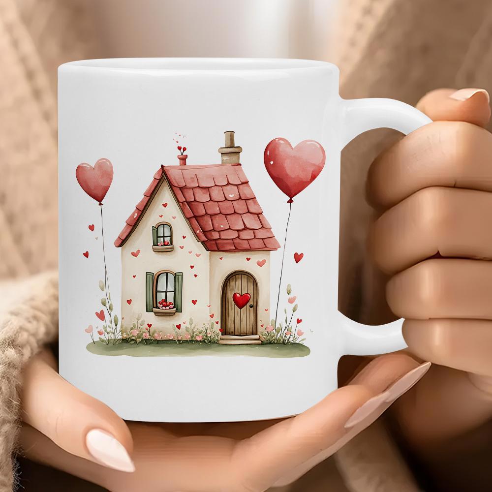 Tailorly White Ceramic 11 oz Mug - Charming Small Cottage With Red Roof And Floating Heart Balloons House