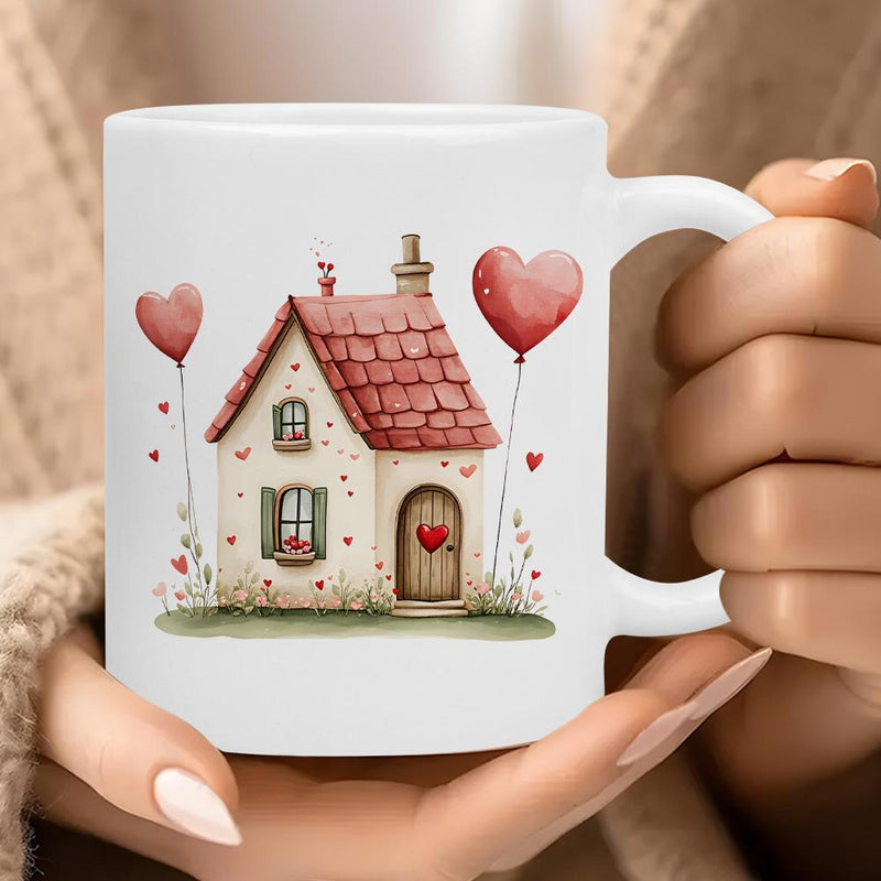 Tailorly White Ceramic 11 oz Mug - Charming Small Cottage With Red Roof And Floating Heart Balloons House