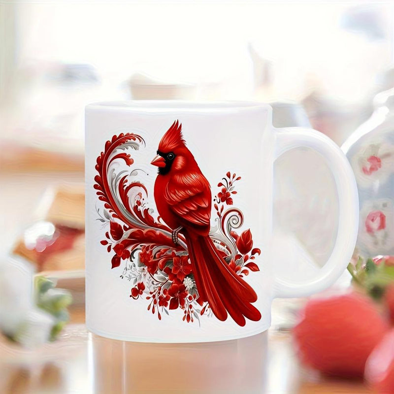 Tailorly White Ceramic 11 oz Mug - Vibrant Red Bird Resting Among Ornate Crimson Floral Decorative Scrollwork Cardinal