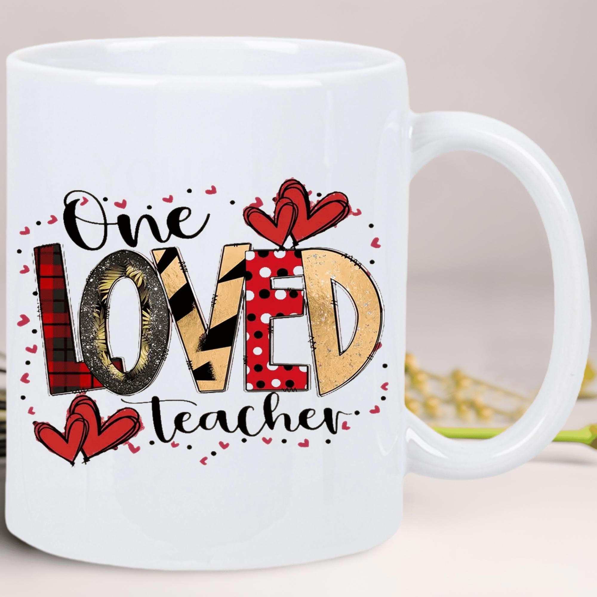 Tailorly White Ceramic 11 oz Mug - One Loved Teacher Stylized Text With Leopard Print Polka Dots And Red Hearts Teacher