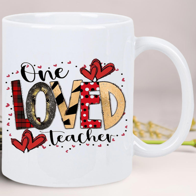 Tailorly White Ceramic 11 oz Mug - One Loved Teacher Stylized Text With Leopard Print Polka Dots And Red Hearts Teacher