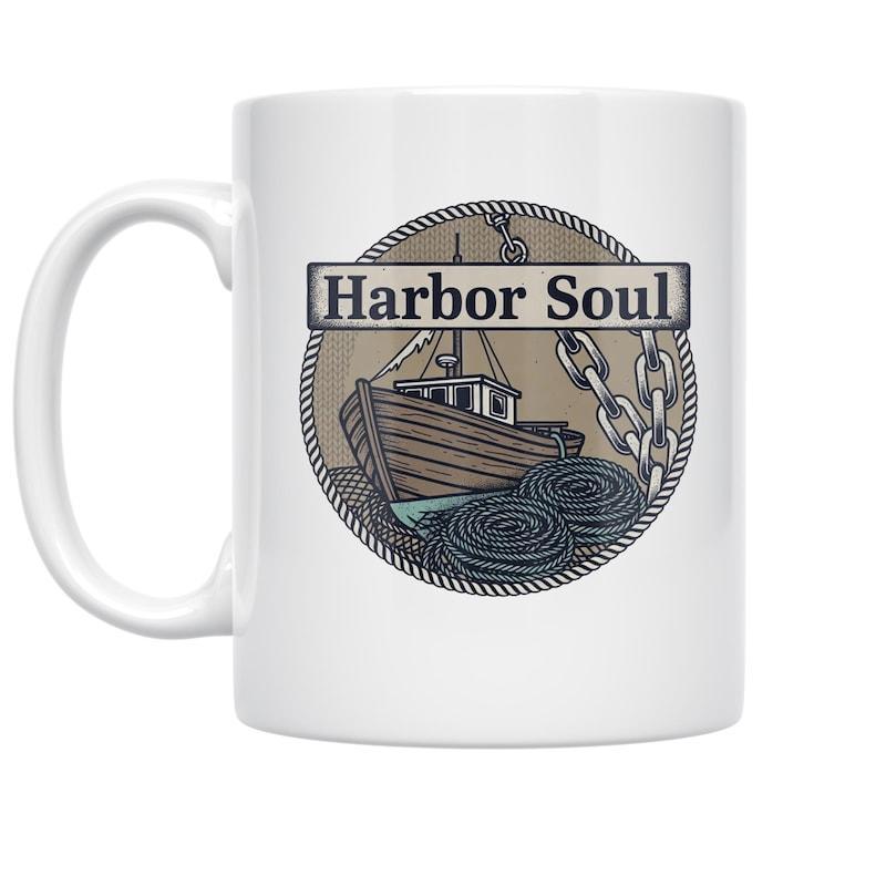 Tailorly White Ceramic 11 oz Mug - Harbor Soul Rustic Wooden Fishing Trawler Floating On Swirling Ocean Waves Boat